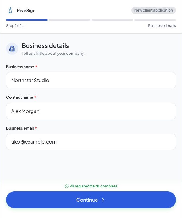 Actual PearSign guided form showing business name, contact name and email, with all required fields complete.
