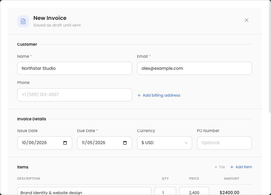 Actual PearSign invoice creation form with Northstar Studio sample customer details and invoice dates.