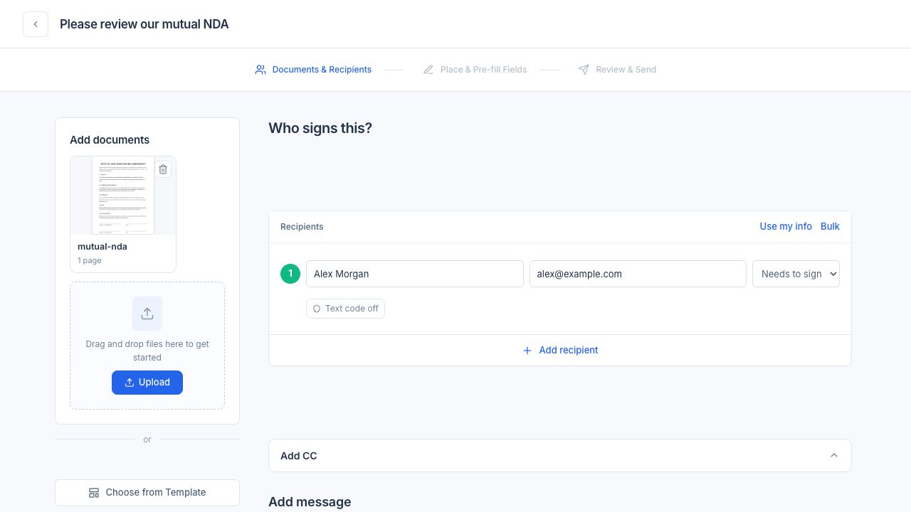Actual PearSign document preparation screen with an uploaded mutual NDA and sample recipient Alex Morgan.
