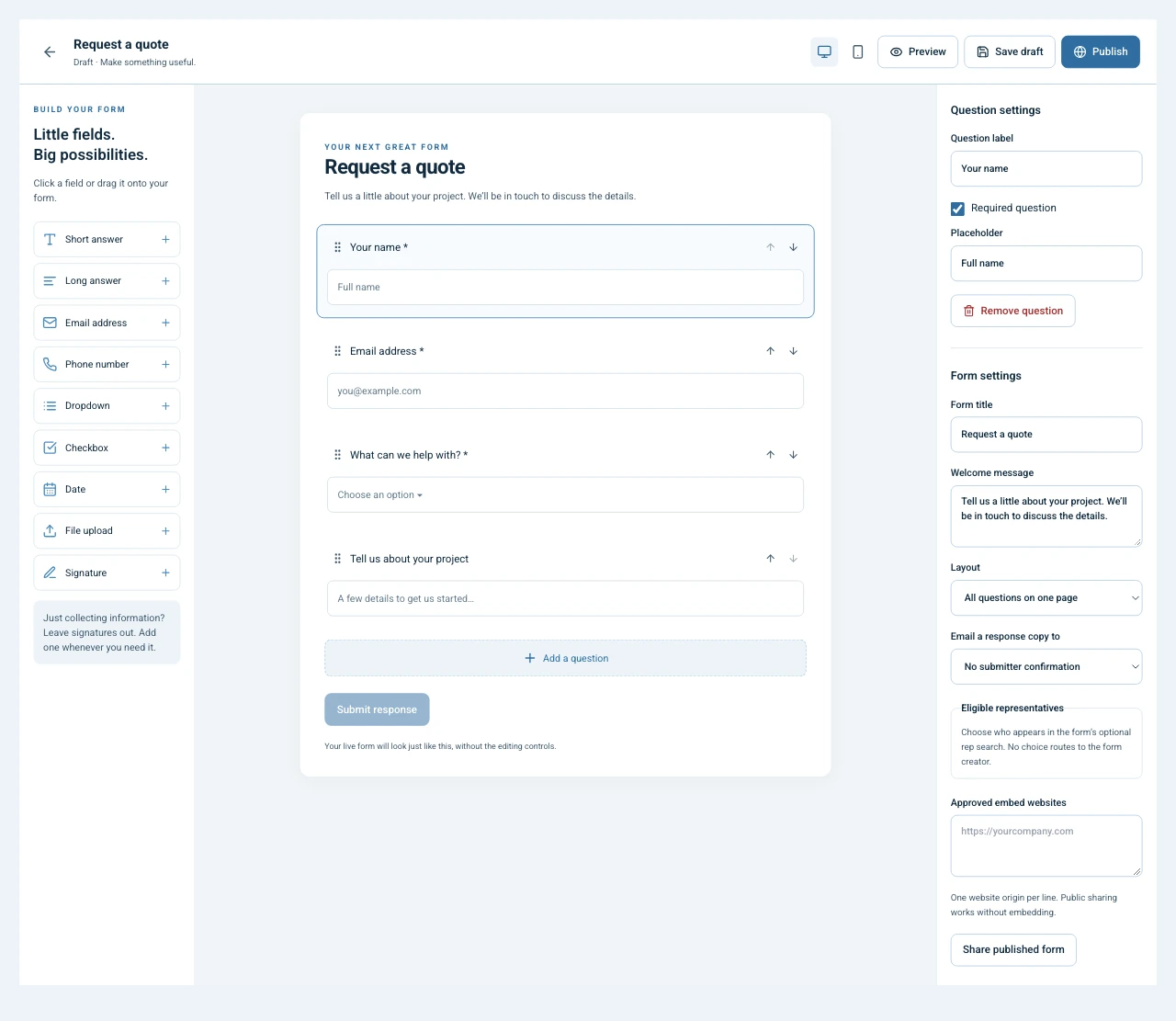 Actual PearSign Web Forms builder showing a field palette, quote request canvas and selected field settings with sample questions.