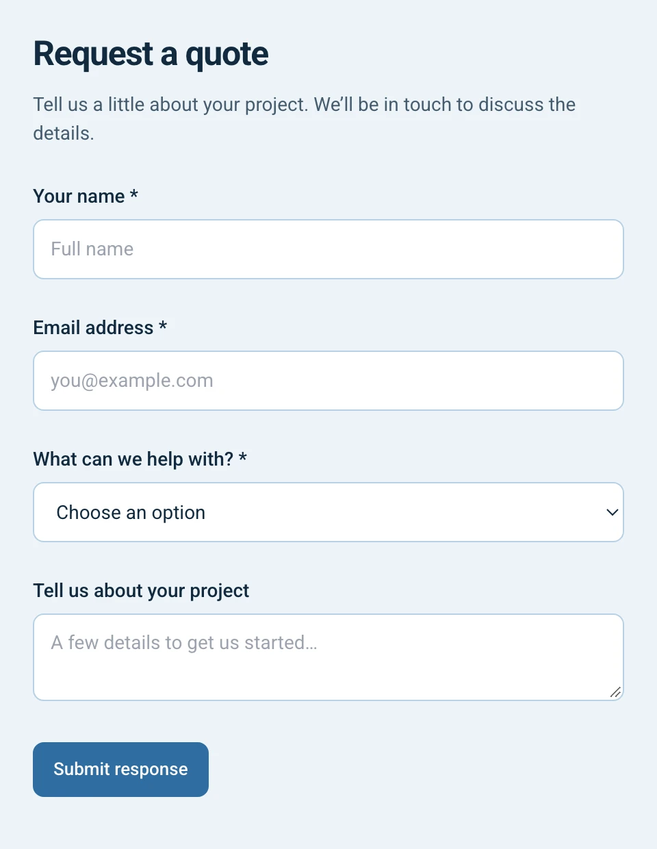 Example quote request in the actual PearSign Web Forms respondent interface, with name, email and project questions.